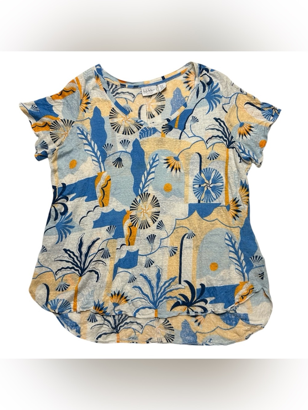 Nicole Miller New York Blue White Tropical 100% Linen Top 1X Coastal Boho Beachy